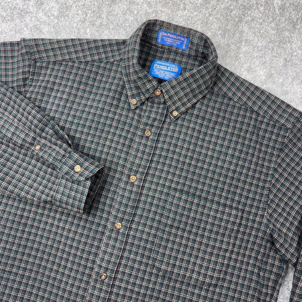 VTG Pendleton Shirt Men Medium Green Plaid Sir Pendleton Worsted Wool 90s Button